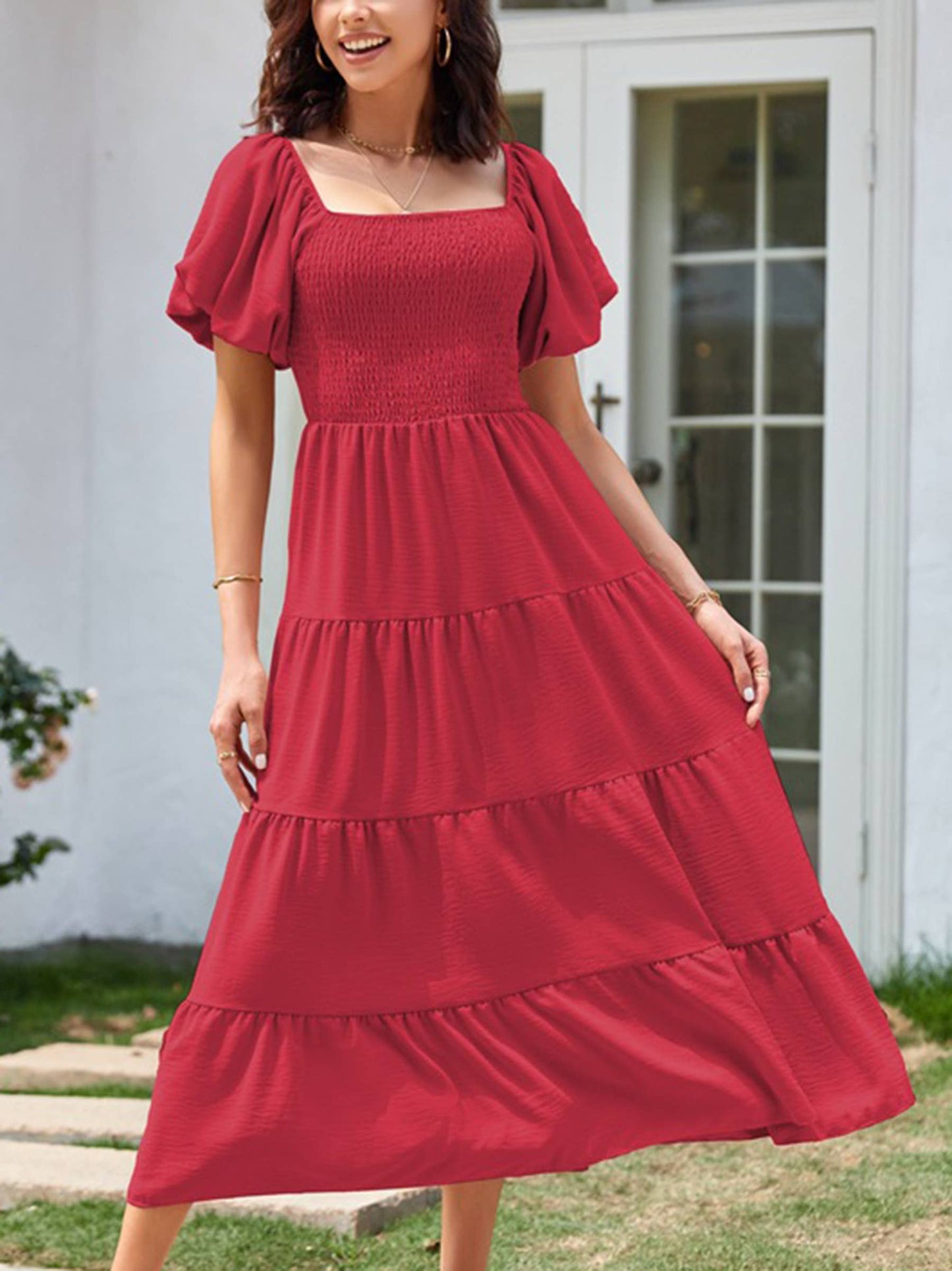 Square Necked Backless Short Sleeved Dress: Pink / M