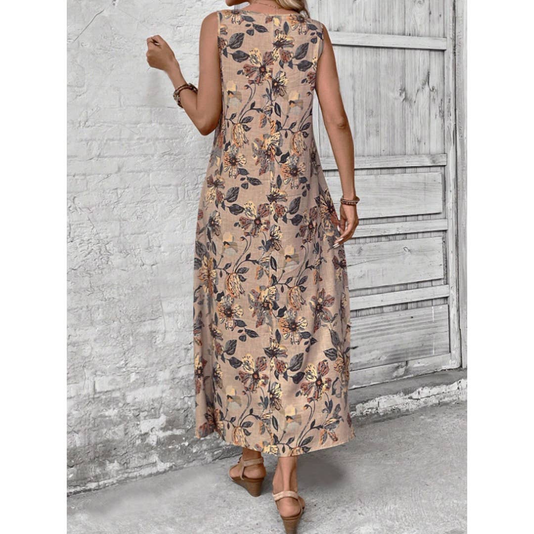 Summer Sleeveless Floral Print Round Neck Dress ZK2695: Multi / S