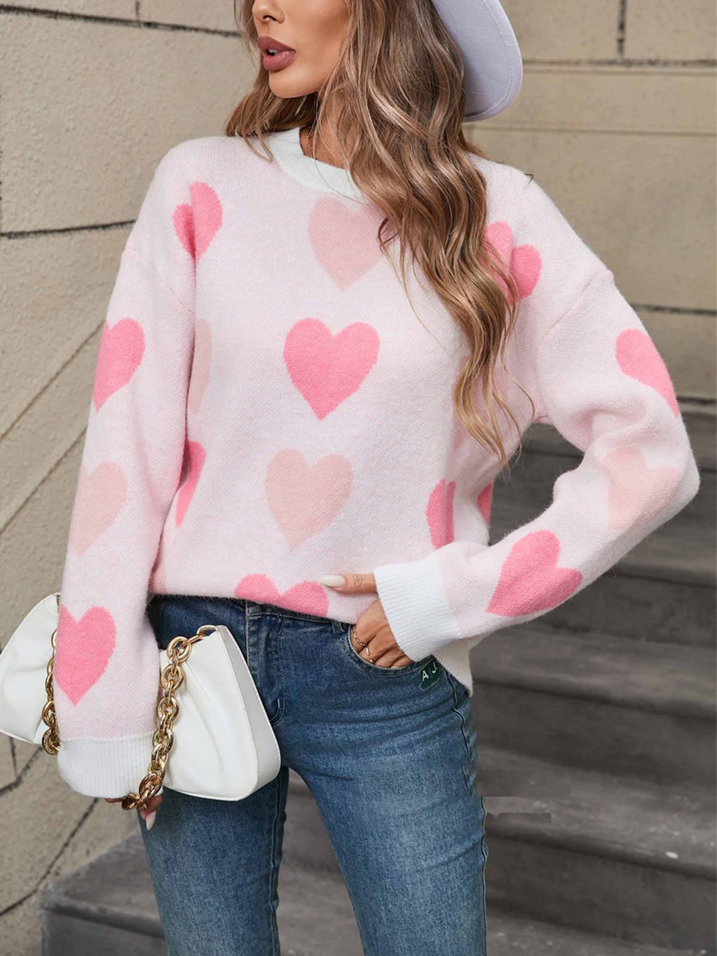 Round Neck Heart-shaped Pullover Sweater: Pink / XL