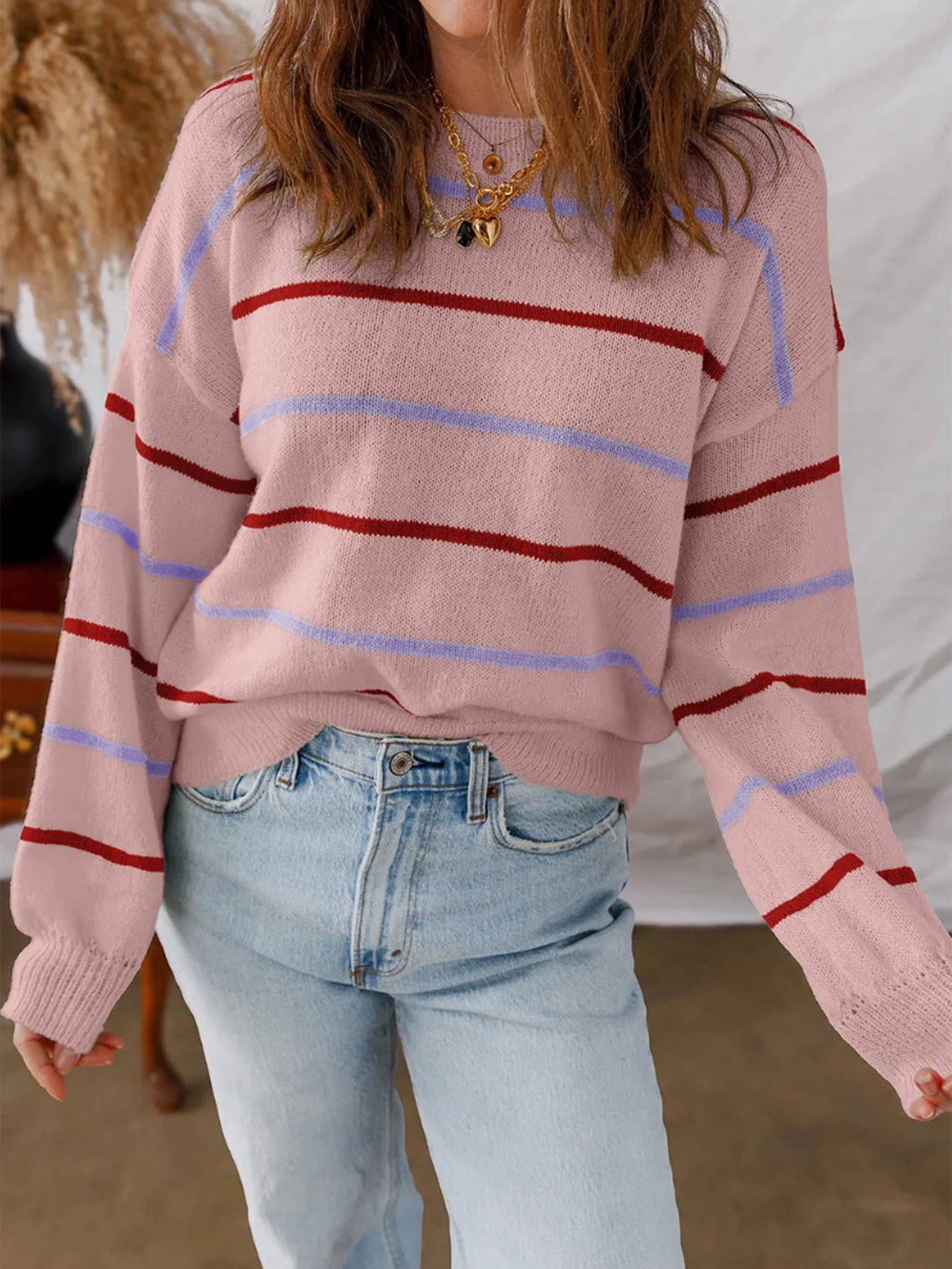 Colorful Striped Pullover Long Sleeved Sweater: Beige / L