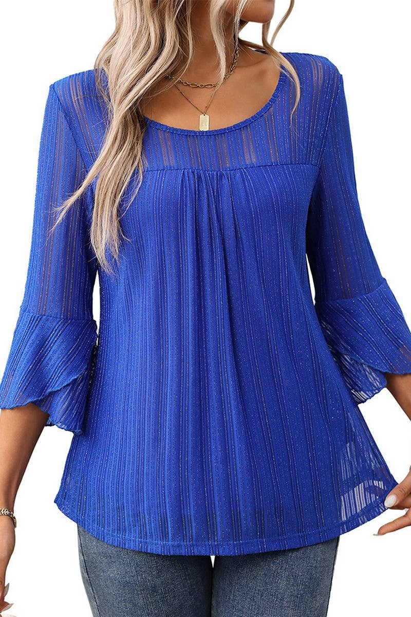 CWTBLL3696_ROUND NECK RUFFLE SLEEVE GLITTER MESH TOP: NAVY / (XL) 1
