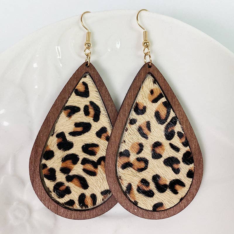 Leopard-print Horsehair Cowhide Wooden Drop Earrings - WJ: 2