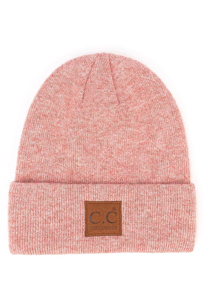 C.C Heather Knit Suede Patch Beanie Winter Hat: Moss