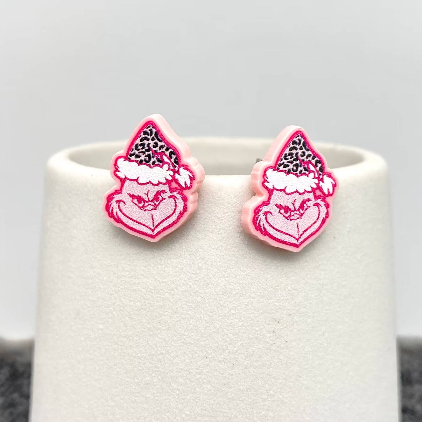 Christmas Jewelry Acrylic Pink Grinch Ear Studs