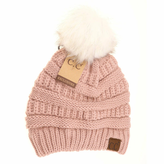 Classic Matching Fur Pom CC Beanie YJ64Pom: Rose/Ivory