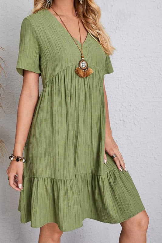 Spring Summer V Neck Short Sleeves Splicing Dress ZK1254: Light Green / L