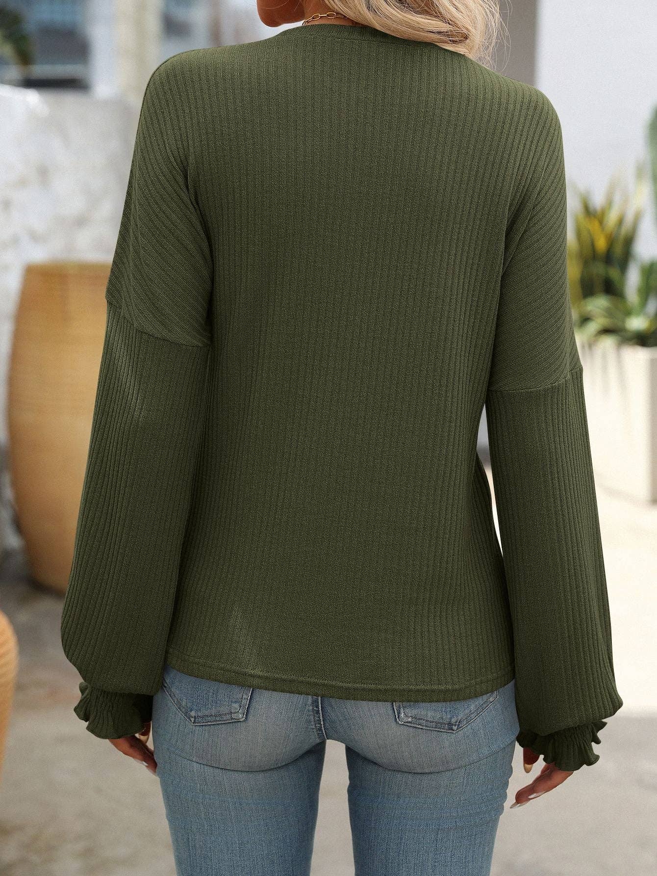 Women Loose Casual Pit Strip Long-sleeved Sweater: Khaki / 65%Rayon+35%Polyester / L
