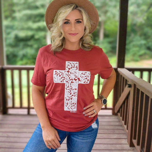 Fall Bella Canvas Rust Lace Cross Christian Graphic Tee : S