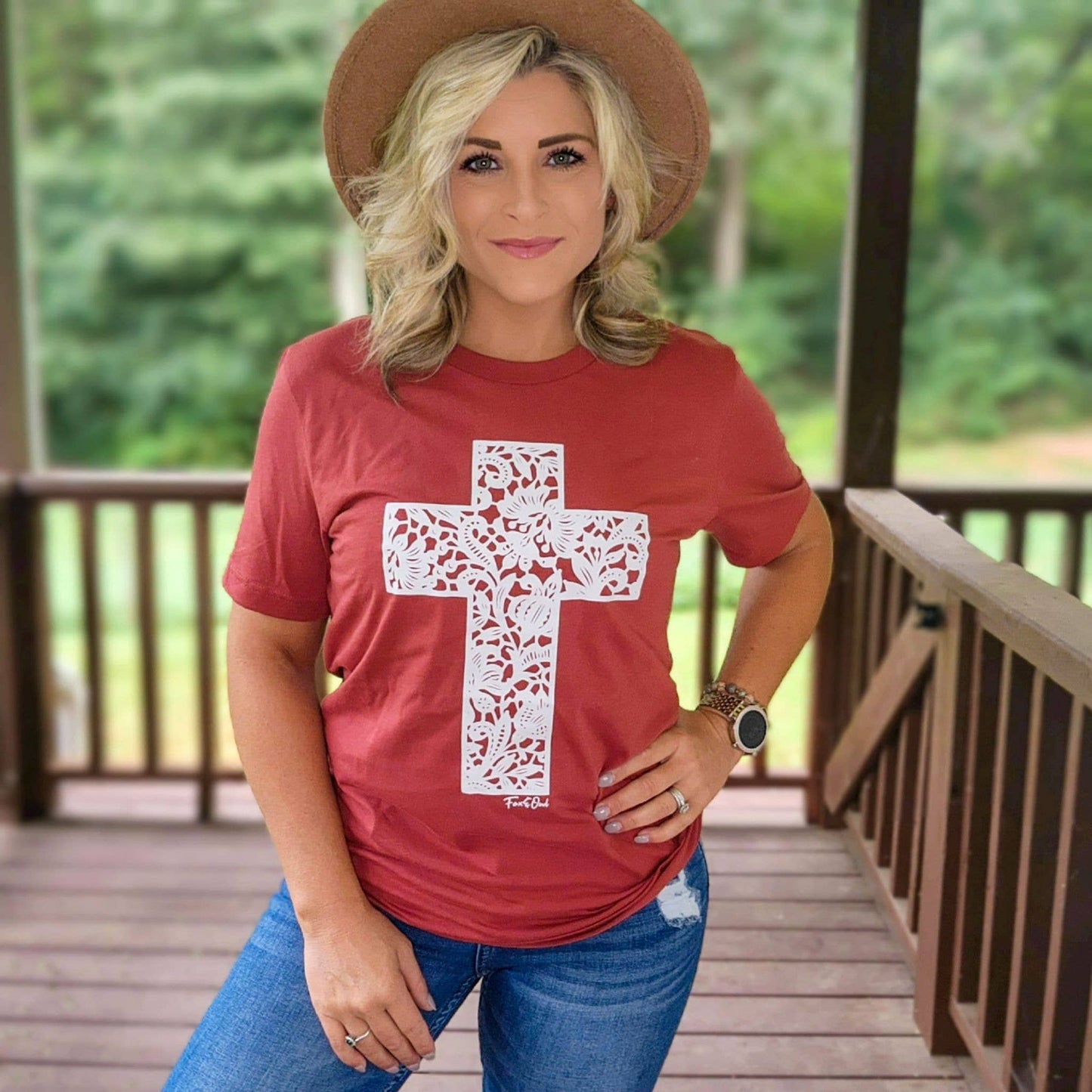 Fall Bella Canvas Rust Lace Cross Christian Graphic Tee : XL
