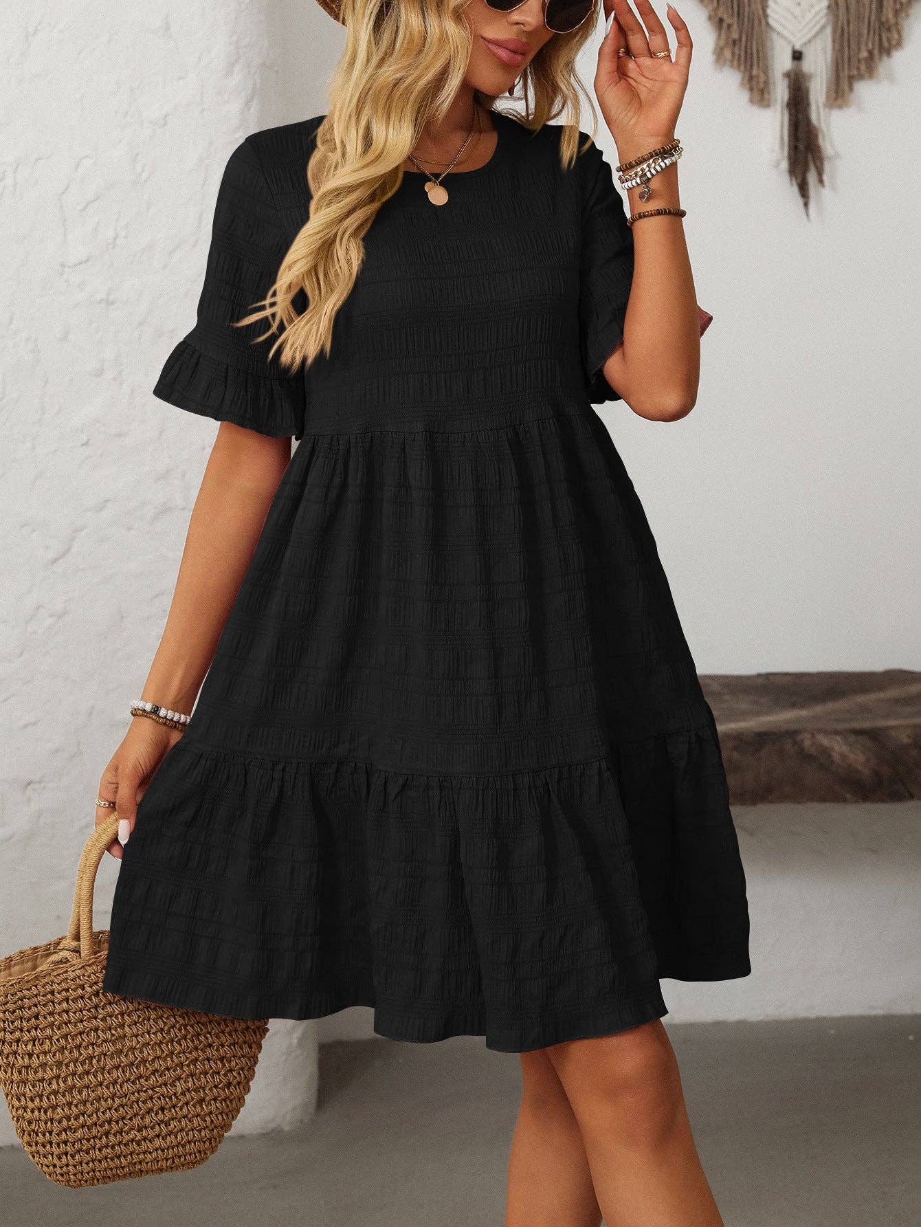 Women Ruffle Sleeve A Line Tiered Flowy Casual Trendy Mini Dress: Bean paste powder / 100% Polyester / XL