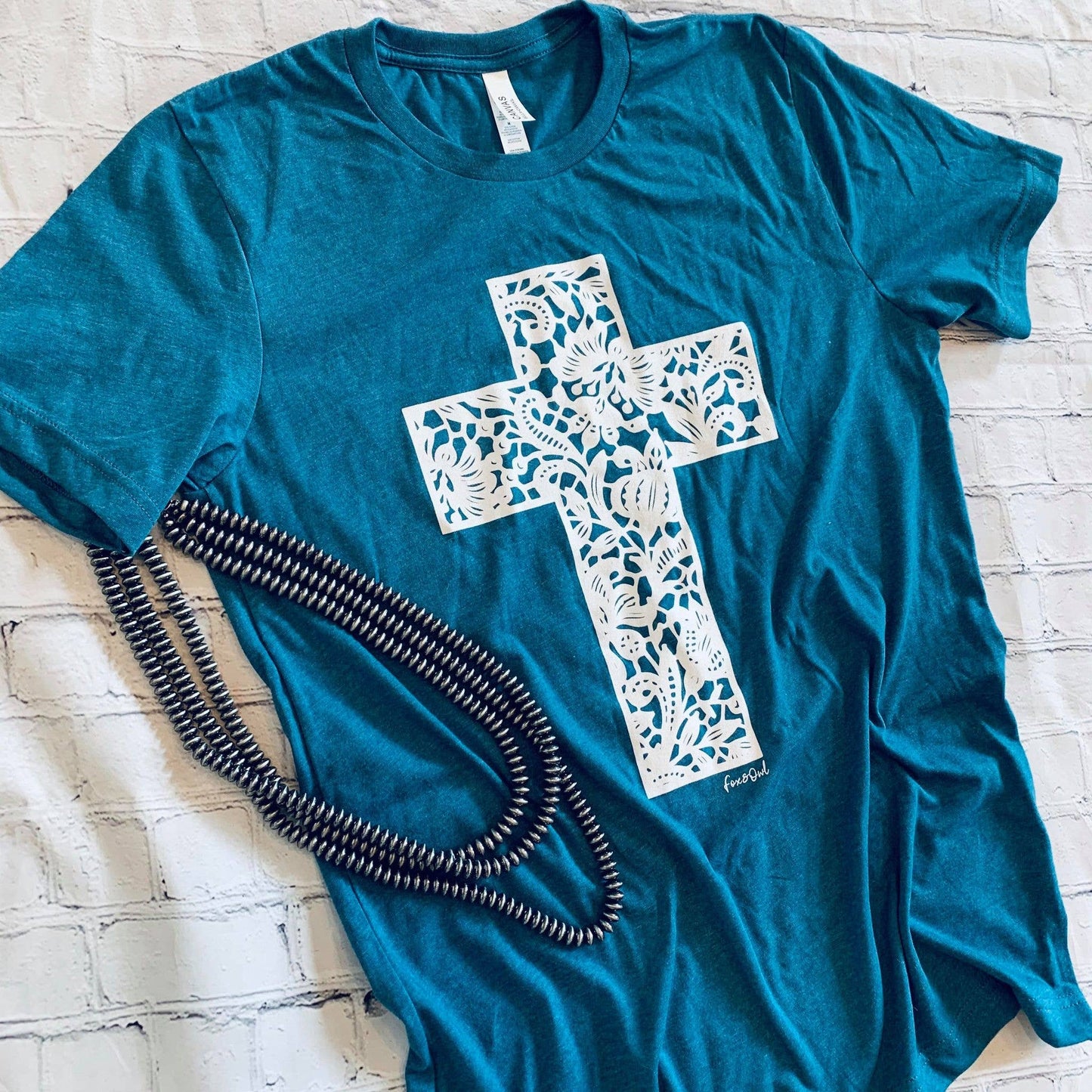 Christian Lace Cross Teal Faith Graphic Tee Free Shipping: XL