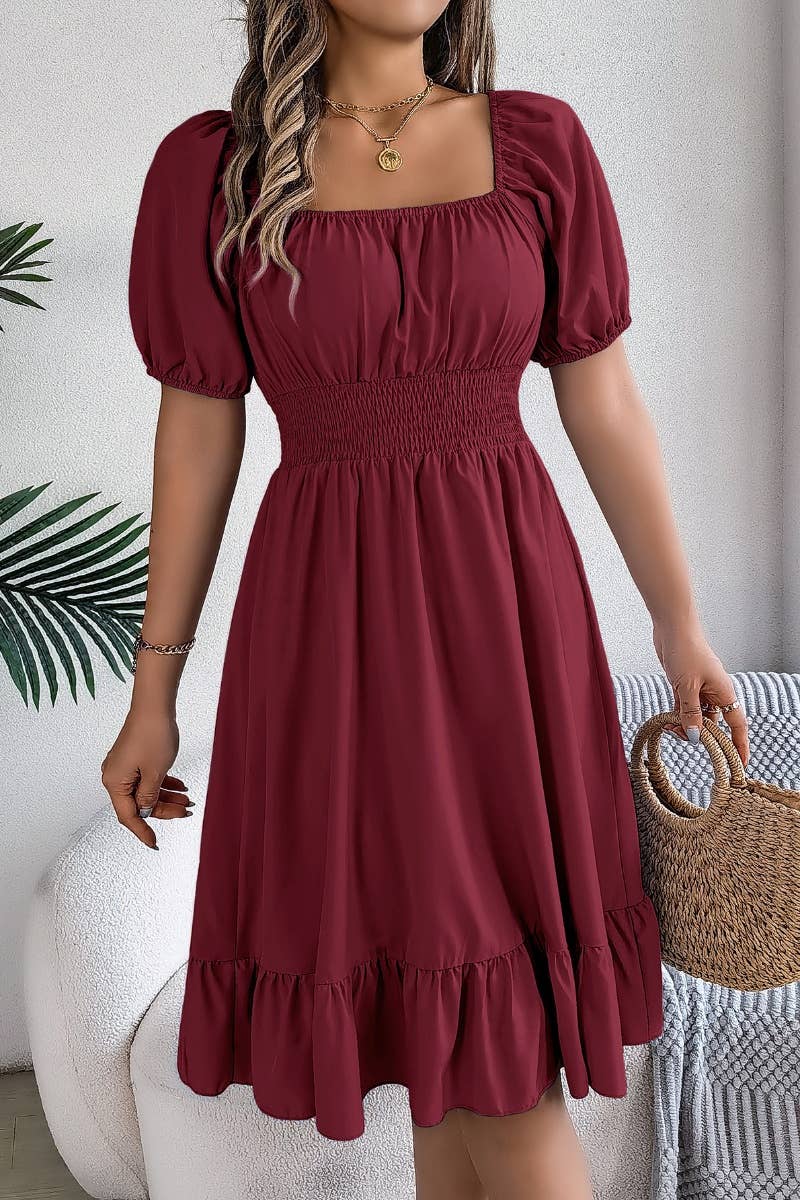 CWDSD4632_SQUARE NECK SHORT SLEEVE WAIST PEPLUM DRESS: KHAKI / (S) 1