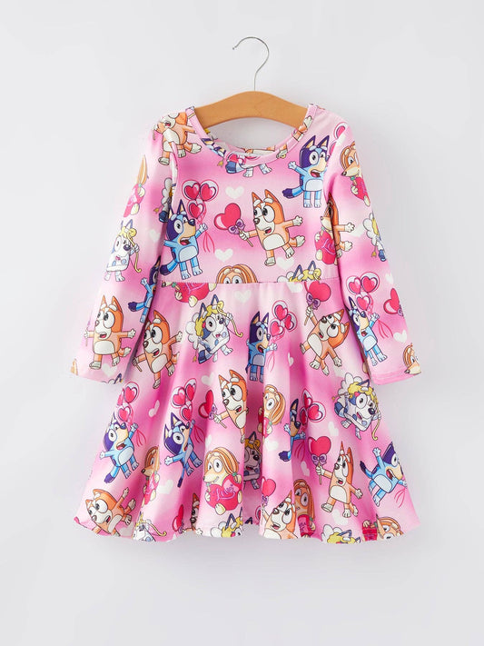 Character Print Pink Girls Long Sleeve Dress: 5